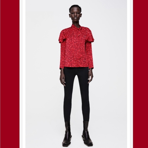 Zara red satin heart patterned tiered pussybow blouse - Picture 12 of 14